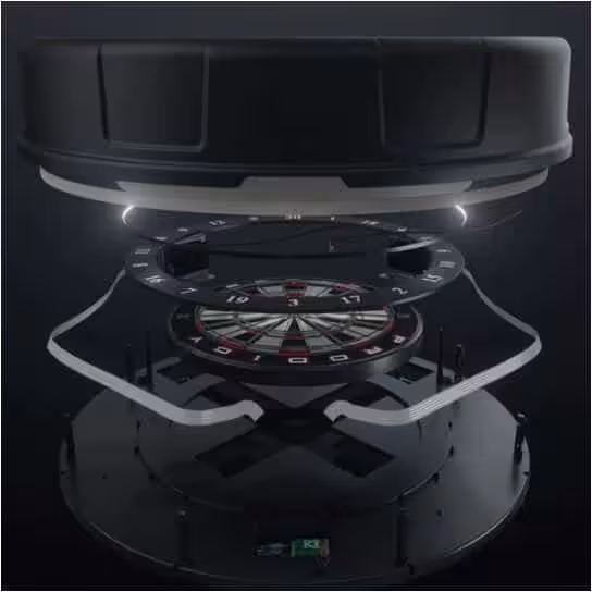 Prodigy -d | Prodigy Automatic Scoring Bristle Dartboard System – D9000W | West Penn Billiards Exploded view of a high-tech casino game device with a glowing circular roulette/dartboard component lifted above its base.