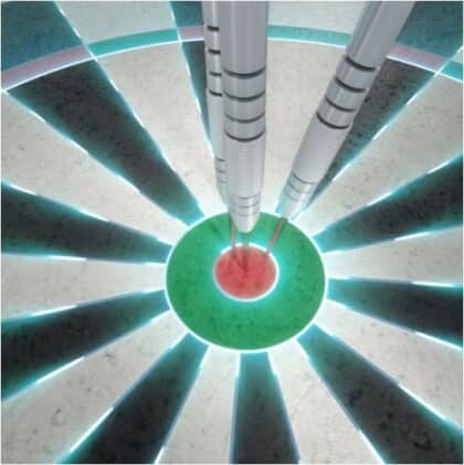 Two surgical probes converge on a red target at the center of a green circular pad with radial segments.