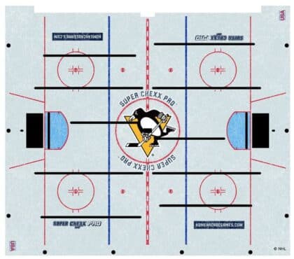 Top-down view of a Super Chexx Pro ice hockey arcade table with red and blue rink lines, goals at each end, and a circular center logo.
