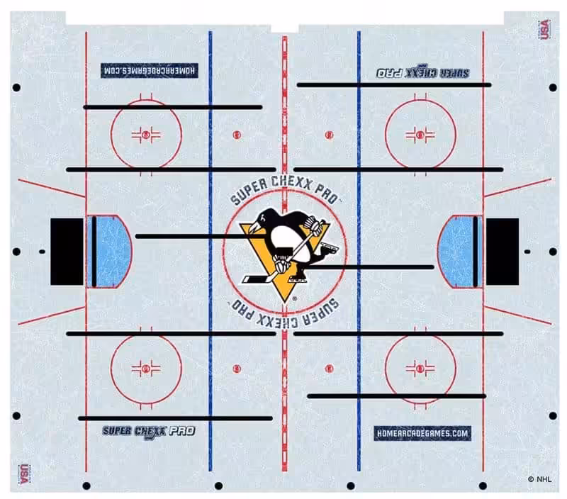 SKATED ice with Logo | NHL® LICENSED SUPER CHEXX PRO® – Pittsburgh Penguins | West Penn Billiards Top-down view of a Super Chexx Pro ice hockey arcade table with red and blue rink lines, goals at each end, and a circular center logo.