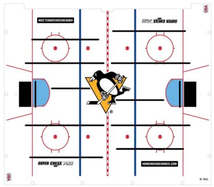 Top-down view of an air hockey table featuring the Pittsburgh Penguins logo at center and branded side panels.