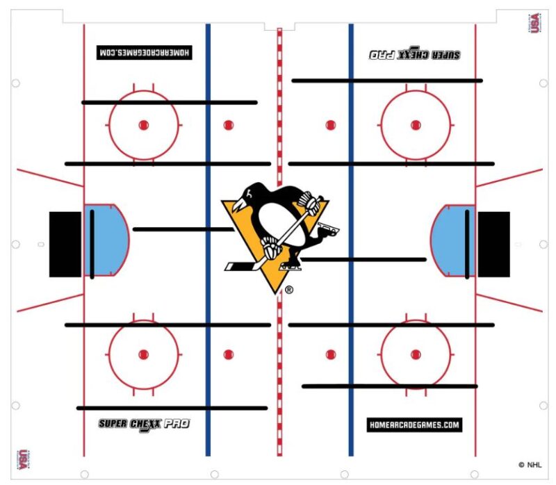 Super Chexx - Center Ice Logo | NHL® LICENSED SUPER CHEXX PRO® – Pittsburgh Penguins | West Penn Billiards Top-down view of an air hockey table featuring the Pittsburgh Penguins logo at center and branded side panels.