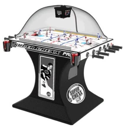 Bubble hockey table under a clear dome with red and blue players on a rink, labeled Super Chexx Pro.