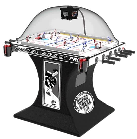 Bubble hockey table under a clear dome with red and blue players on a rink, labeled Super Chexx Pro.