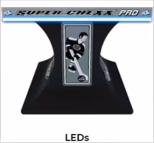 Super Chexx LEDs | NHL® LICENSED SUPER CHEXX PRO® – Pittsburgh Penguins | West Penn Billiards Black display stand with a vertical panel showing a hockey player image, and the word 'LEDS' beneath.