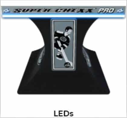 Promotional graphic for Super Chexx Pro showing a hockey player figure inside a vertical display panel atop a black pedestal.