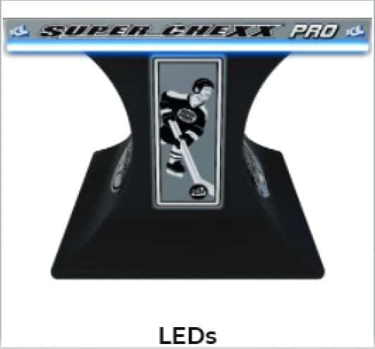 Promotional graphic for Super Chexx Pro showing a hockey player figure inside a vertical display panel atop a black pedestal.