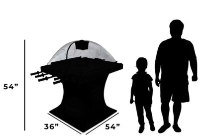 Scale diagram of a large domed display on a pedestal with dimensions 54 by 36 by 54 inches, shown next to silhouettes of a man and child for scale.