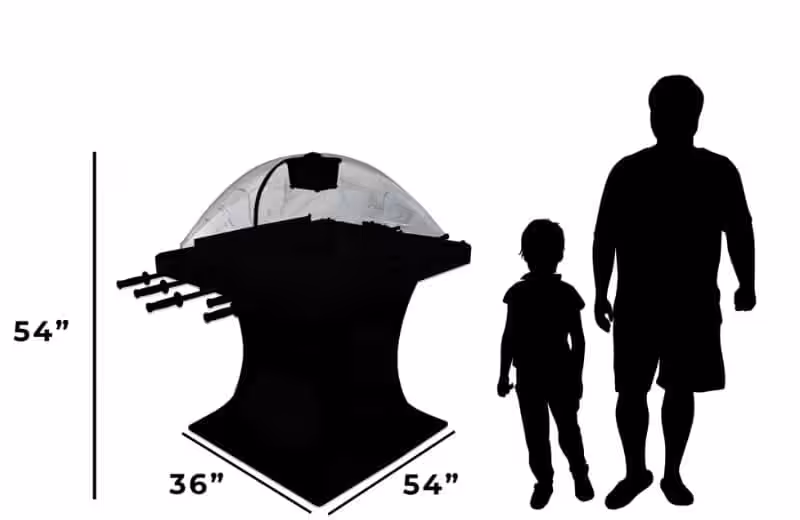 Super Chexx - Size comparison | NHL® LICENSED SUPER CHEXX PRO® – Pittsburgh Penguins | West Penn Billiards Scale diagram of a large domed display on a pedestal with dimensions 54 by 36 by 54 inches, shown next to silhouettes of a man and child for scale.