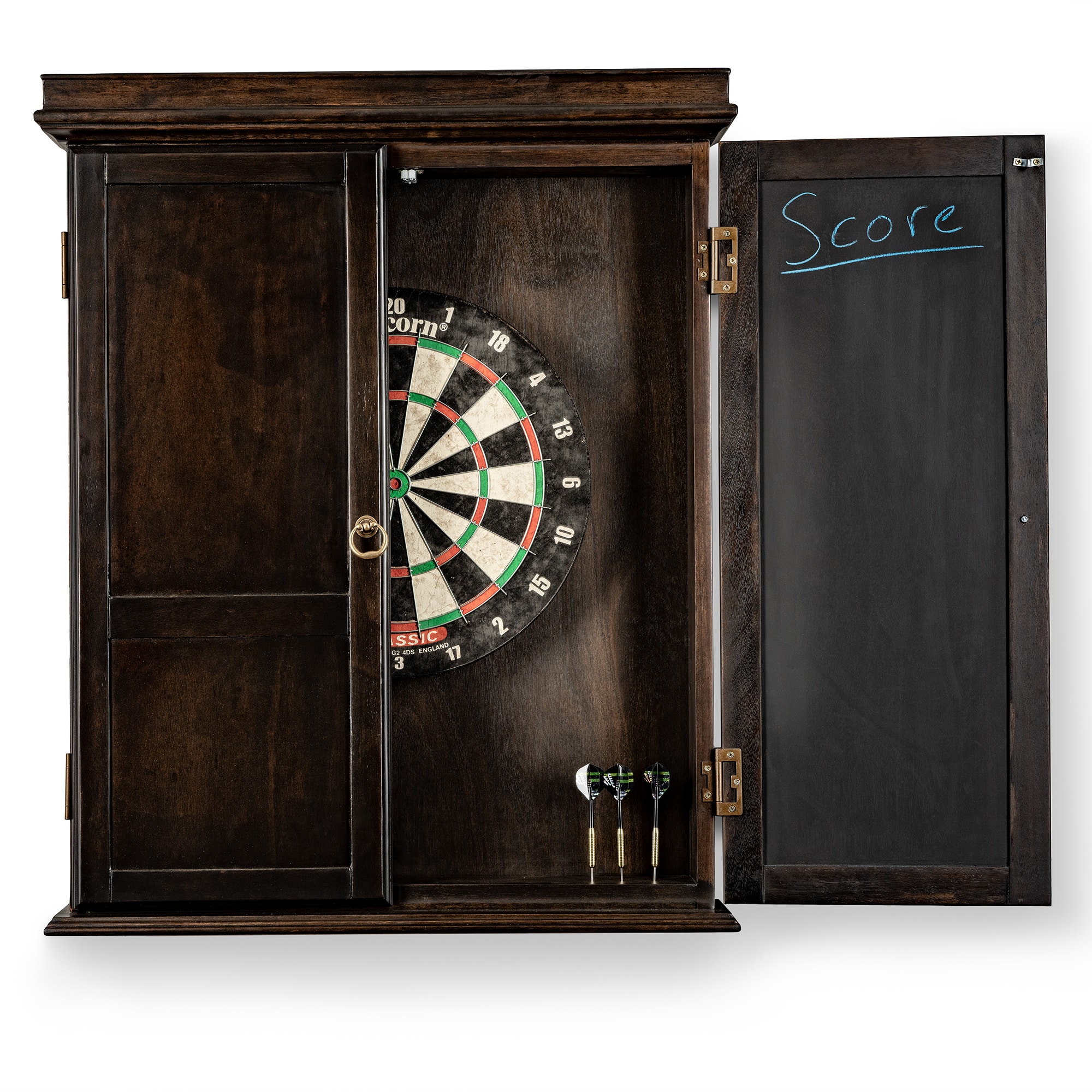 Classic-Dartboard-Cabinet-Barndoor-Gray_Open_Closed-Detail | Classic Gray Walnut Dartboard Cabinet | West Penn Billiards