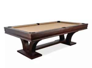 Dark wooden pool/billiards table with tan cloth and four corner pockets, on a white background.