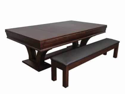 Dark wood rectangular dining table with a matching padded bench-style seat.
