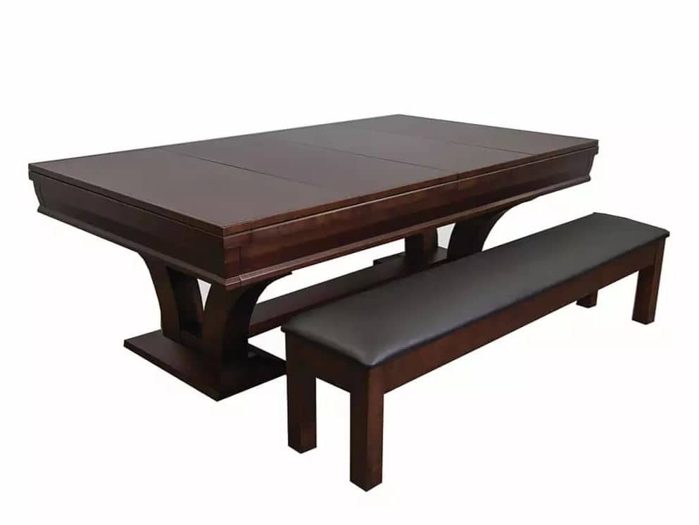 Dark wood rectangular dining table with a matching padded bench-style seat.