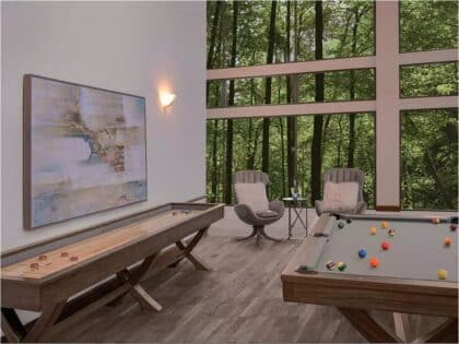 Luxurious game room with a pool table and a shuffleboard, and floor-to-ceiling forest-view windows behind two cushioned chairs.