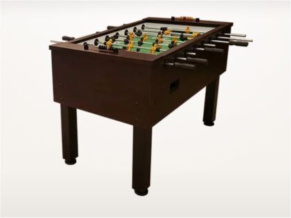 Foosball table with a dark wooden finish, players in yellow and black, shown from a slight angle against a light background.