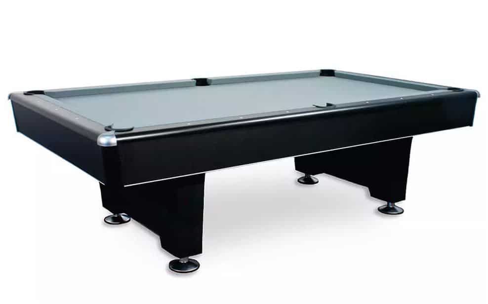 Black billiards/pool table with gray felt and corner pockets on a white background