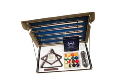 Open box containing a complete billiards/pool set: cues, rack, balls, triangle, and chalk.