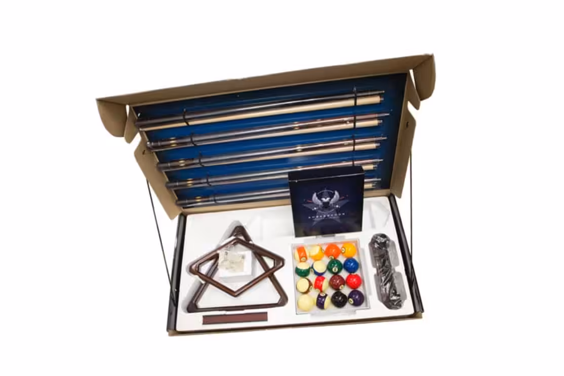 California House play package | Rincon | West Penn Billiards Open box containing a complete billiards/pool set: cues, rack, balls, triangle, and chalk.