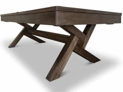 Rustic wooden dining table with crisscross trestle legs and a thick tabletop, dark brown finish.