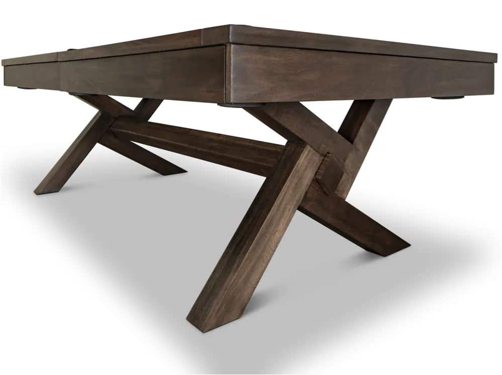 Rustic wooden dining table with crisscross trestle legs and a thick tabletop, dark brown finish.