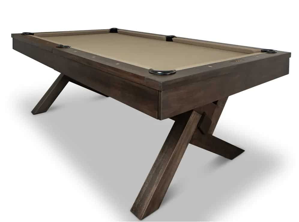 Dark wood pool/billiards table with beige felt, shown from an angled corner view on a white background