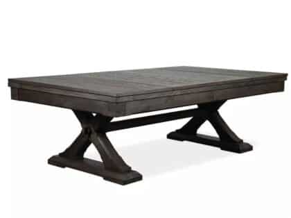 Dark wooden rectangular dining table with thick plank top and crossed trestle legs on a white background.