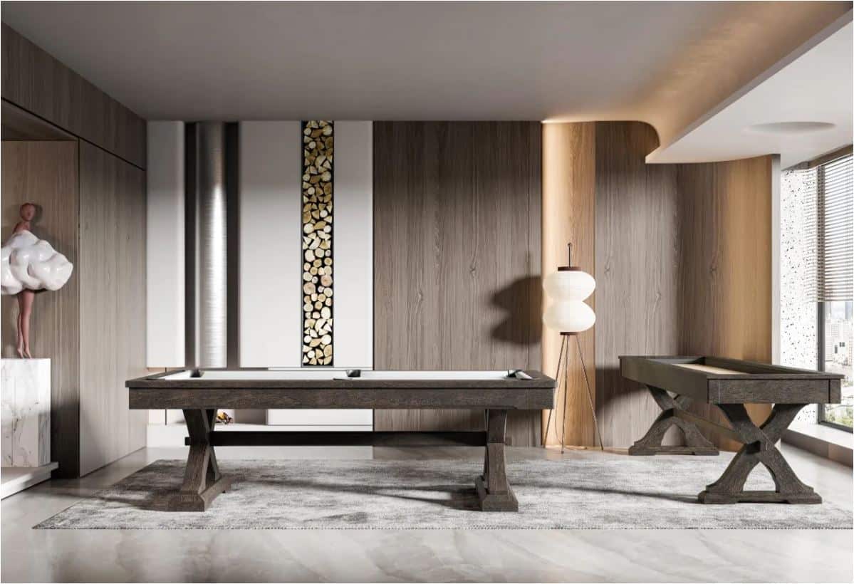 Contemporary game room with a dark wood pool table on a light rug, wood-paneled walls, and a floor lamp.