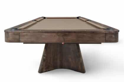 Dark wooden pool/billiards table with beige felt, seen from the end, against a white background