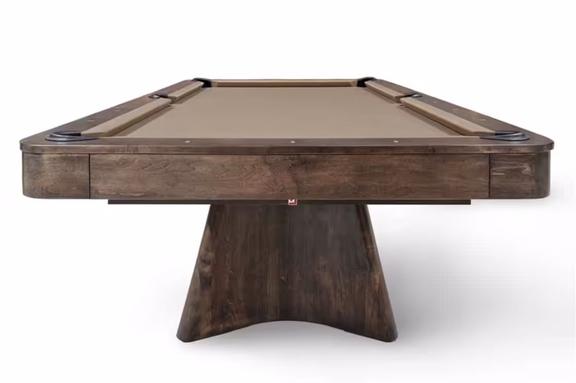 Rincon end | Rincon | West Penn Billiards Dark wooden pool/billiards table with beige felt, seen from the end, against a white background