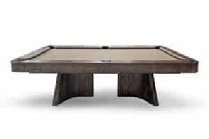 Rustic wooden pool table with brown felt and corner pockets on a white background