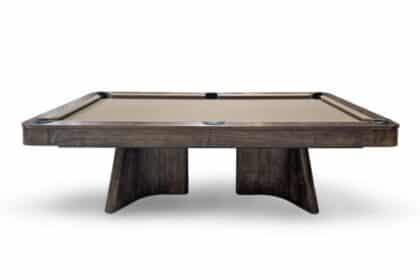 Rustic wooden pool table with brown felt and corner pockets on a white background